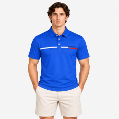 Men's blue golf polo shirt full body fit view