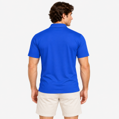 Men's blue golf polo shirt back view