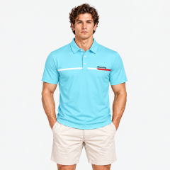 Men's light blue golf polo shirt with contrast chest stripe