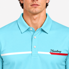 Light blue men's golf polo collar and chest stripe detail