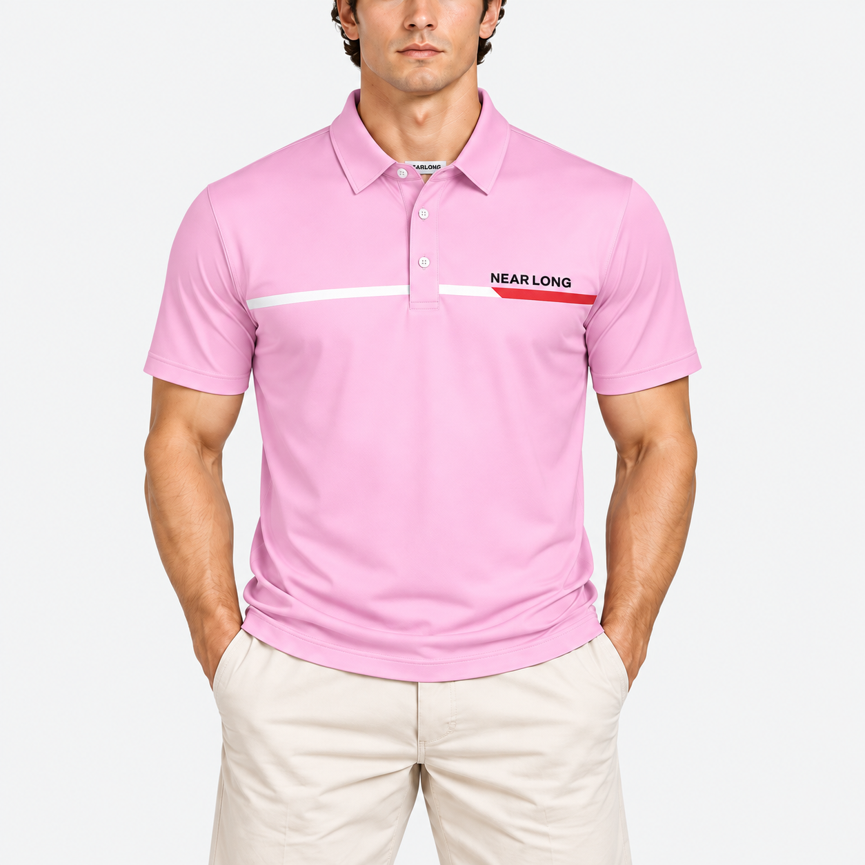 Men's pink golf polo shirt with contrast chest stripe