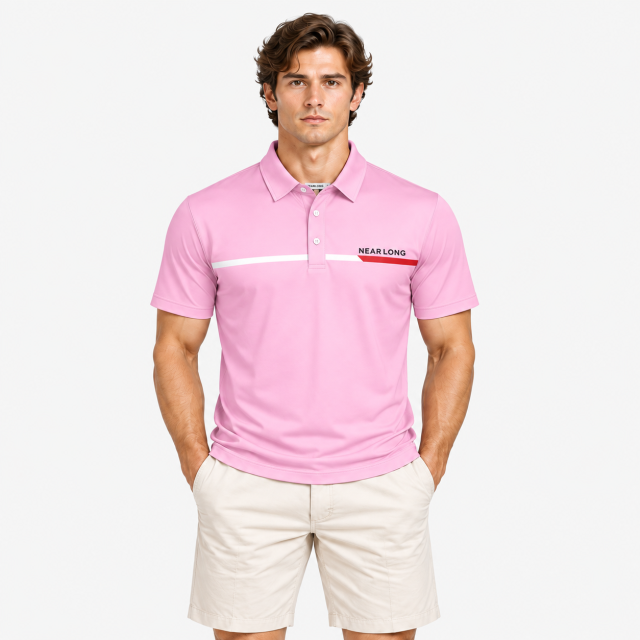 Men's pink short sleeve golf polo front view