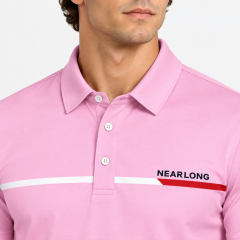 Pink golf polo for men collar and chest stripe detail