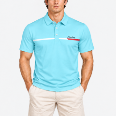 Men's golf polo shirt in light blue with white red chest accent