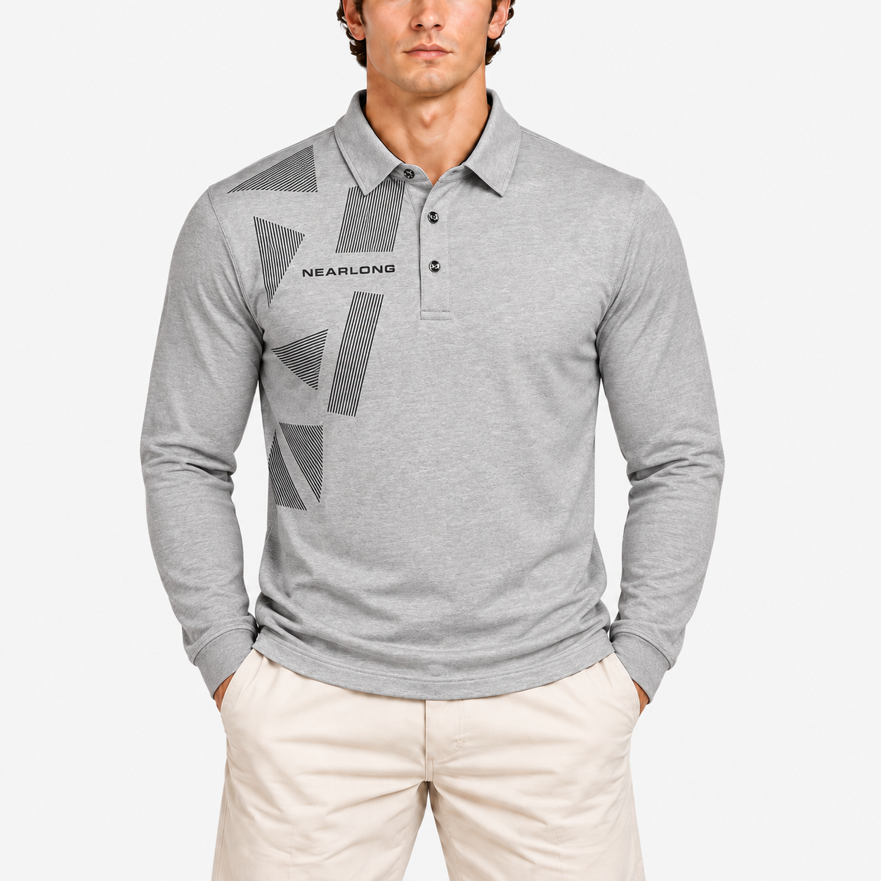 Men's grey golf polo shirt with black geometric graphics