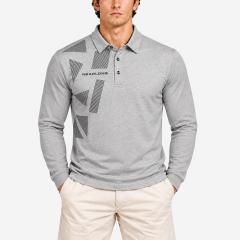 Men's grey golf polo shirt with black geometric graphics