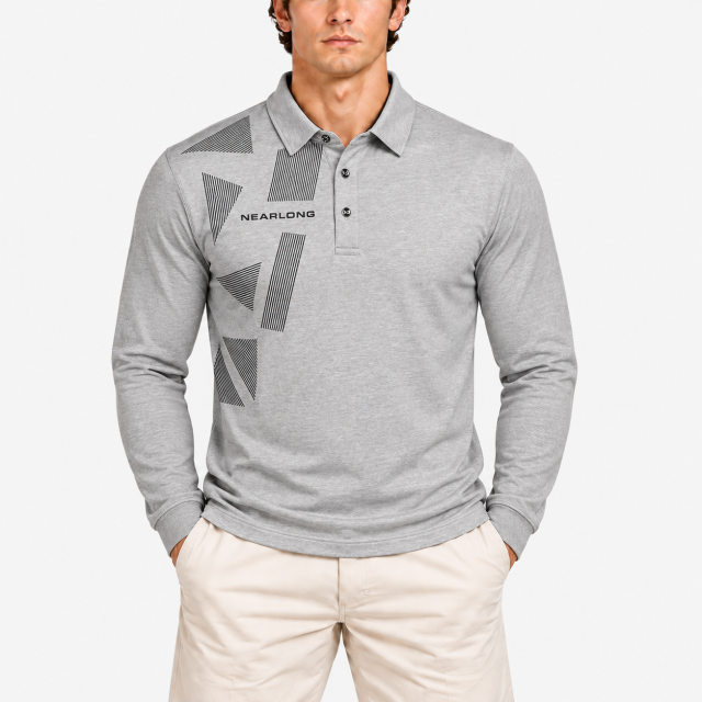 Men's grey golf polo shirt with black geometric graphics