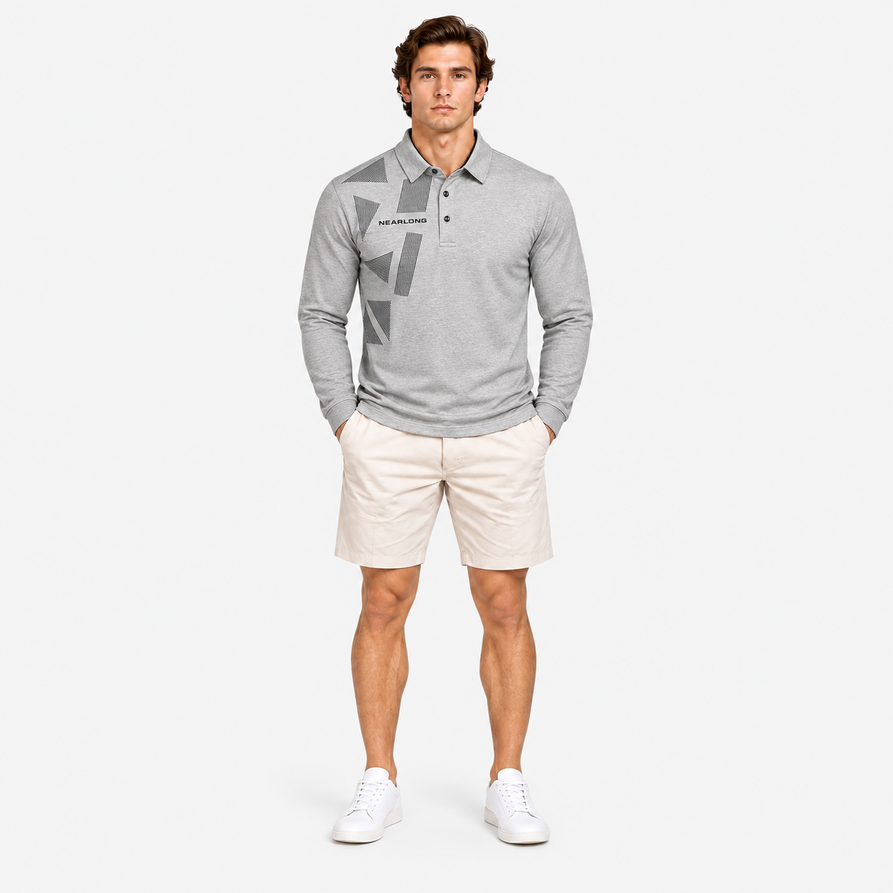 Men's long sleeve golf shirt in grey full fit view