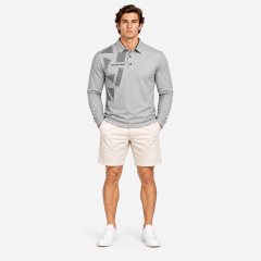 Men's long sleeve golf shirt in grey full fit view