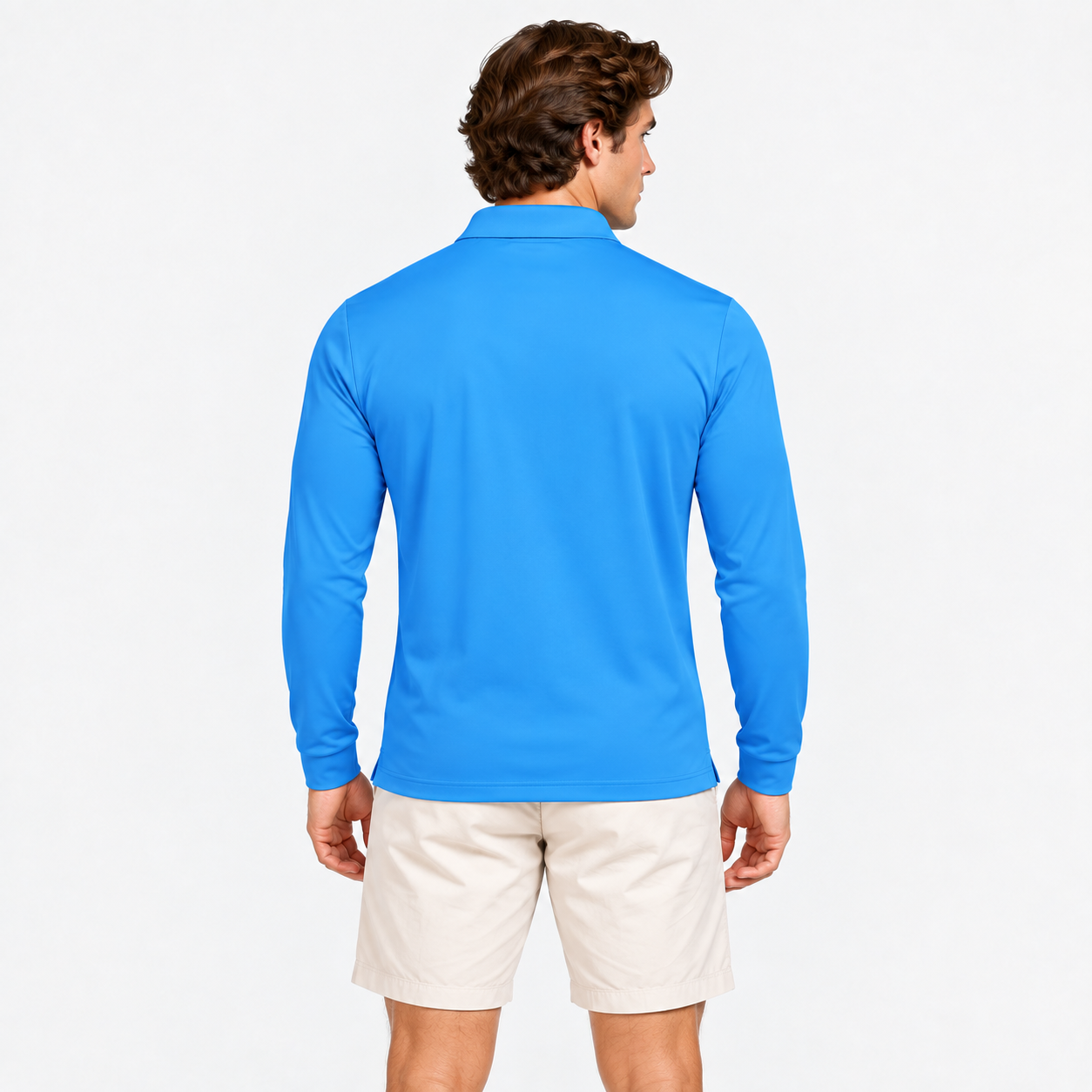 Men's blue long sleeve golf shirt back view