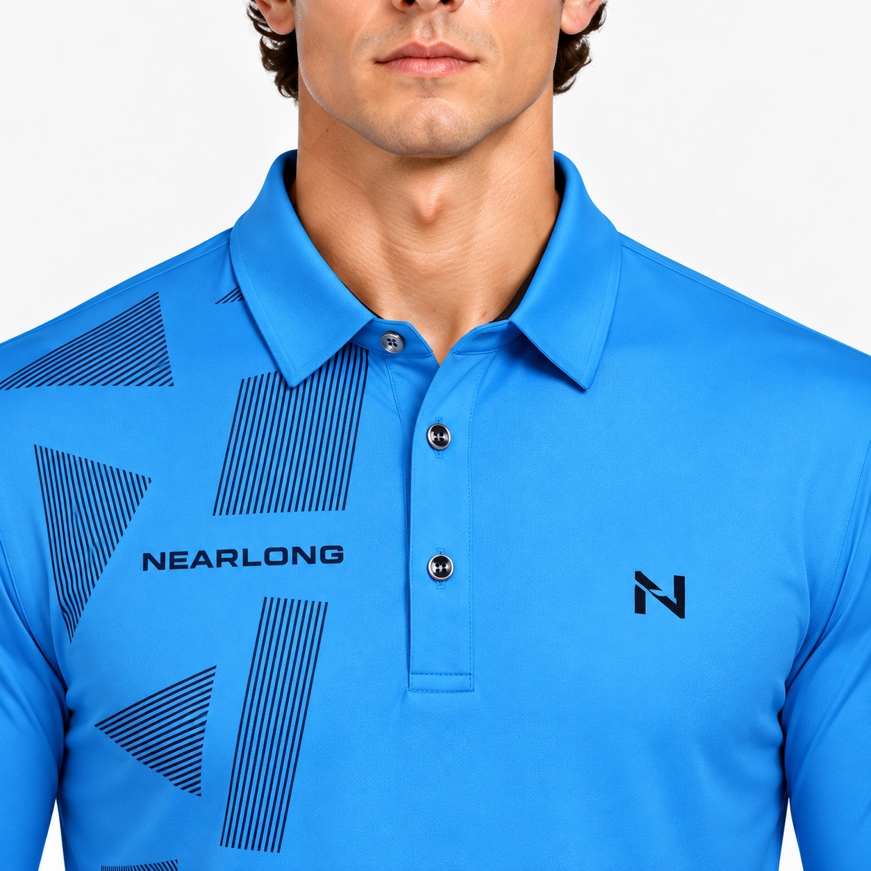 Men's blue printed long sleeve golf polo full body view