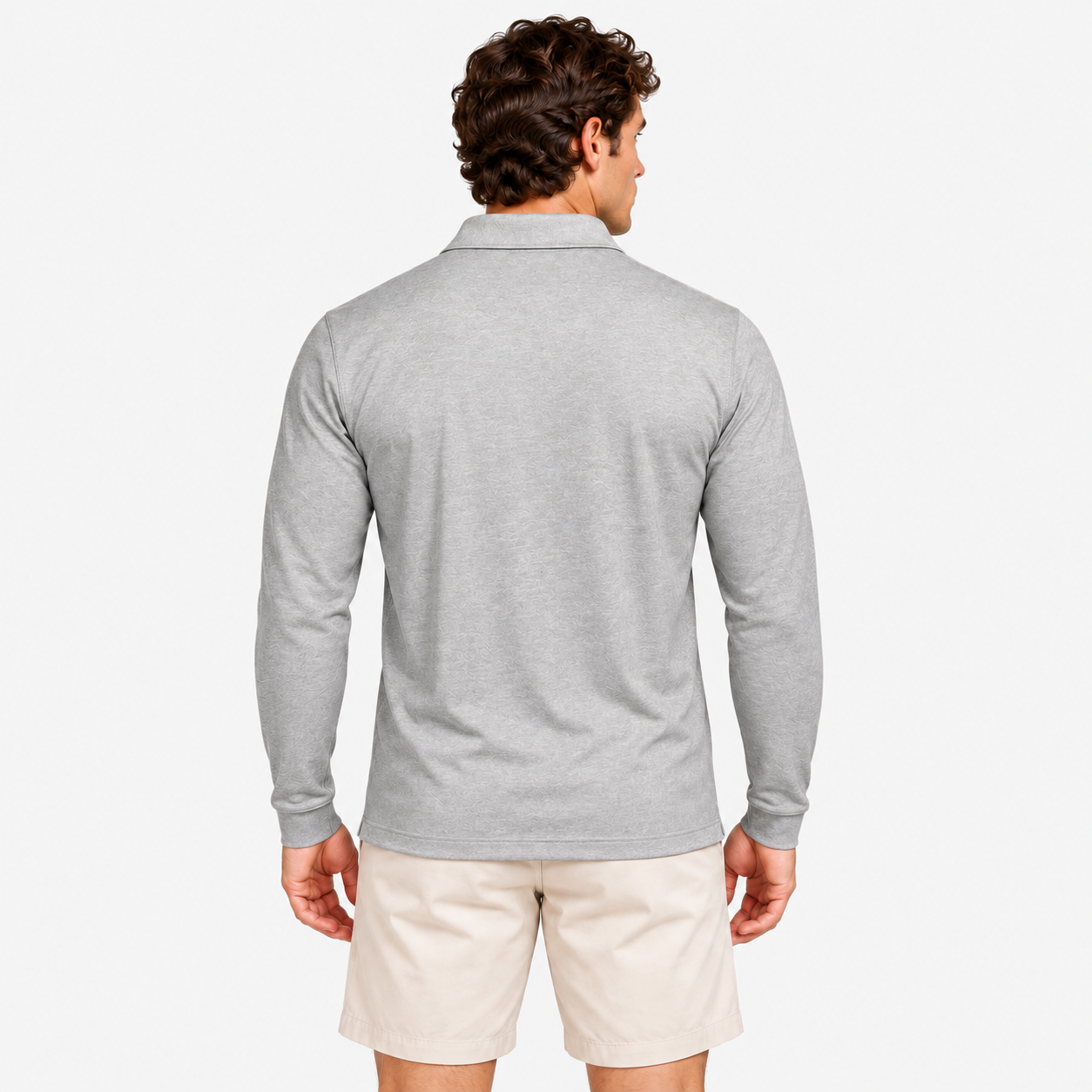 Men's grey long sleeve golf polo back view