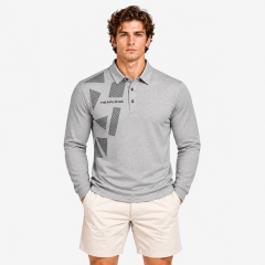 Grey geometric print long sleeve golf polo for men