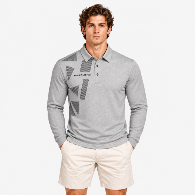 Grey geometric print long sleeve golf polo for men