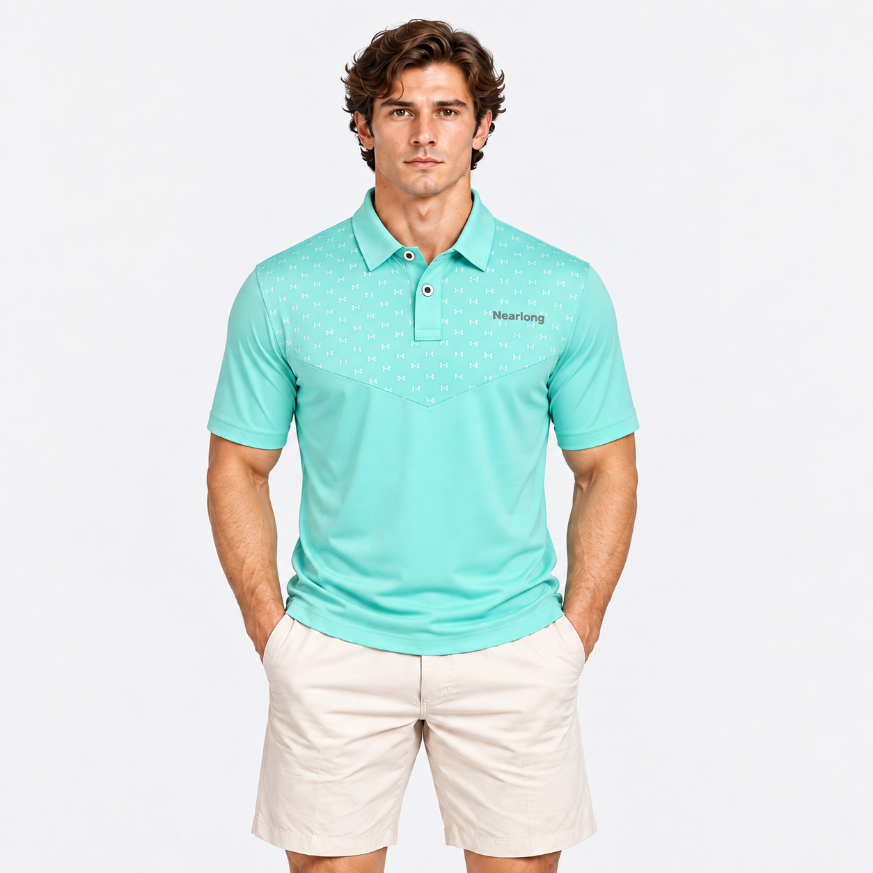 Men's aqua patterned golf polo shirt front view