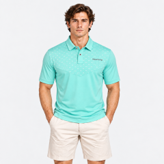 Men's aqua patterned golf polo shirt front view