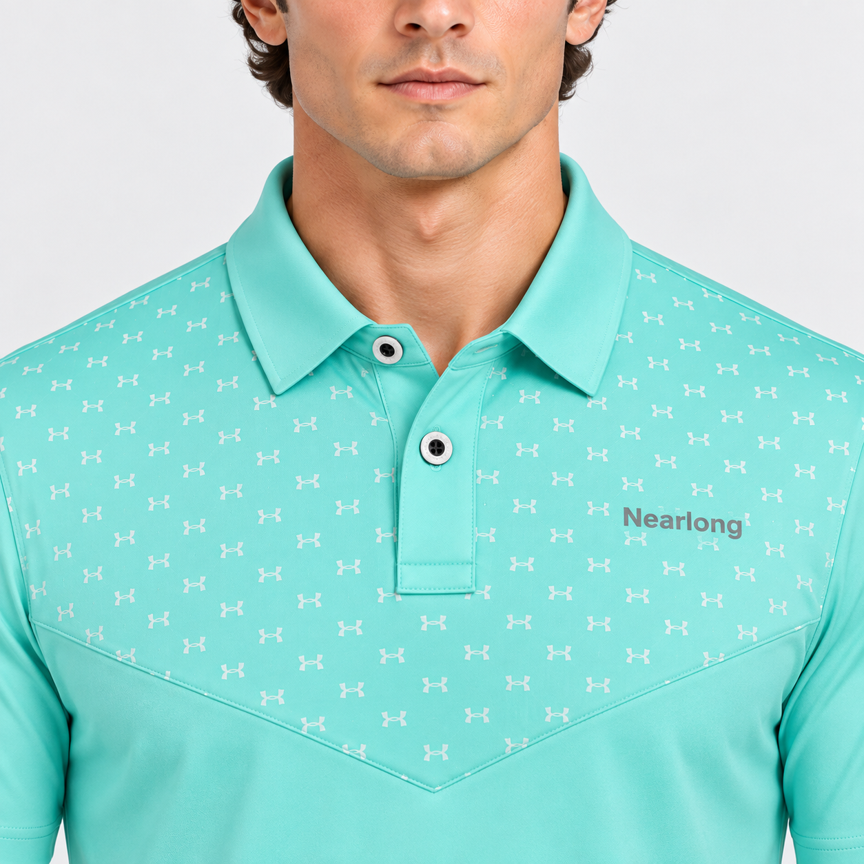 Men's patterned golf polo collar and chest detail
