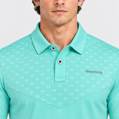 Men's patterned golf polo collar and chest detail
