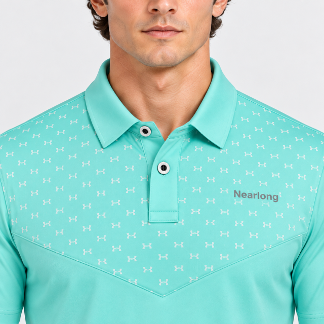 Men's patterned golf polo collar and chest detail