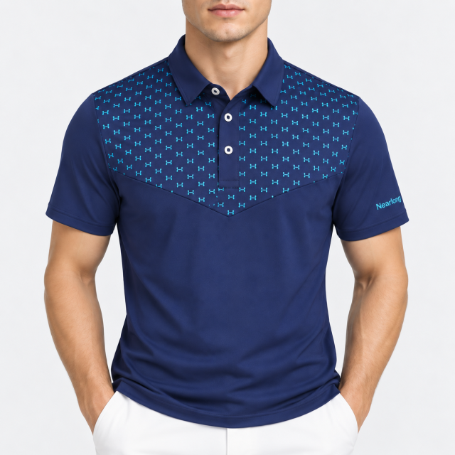 Men's micro print golf polo upper body view