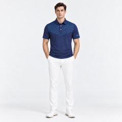Men's navy golf polo full body front view