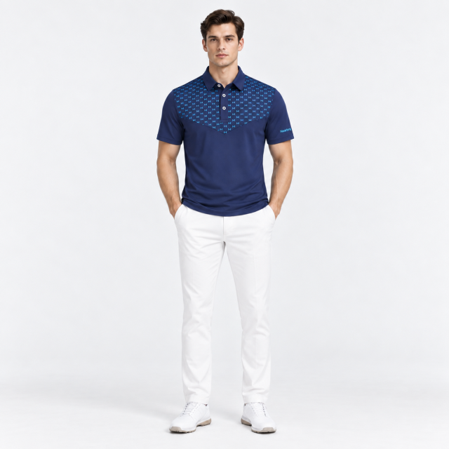 Men's navy golf polo full body front view
