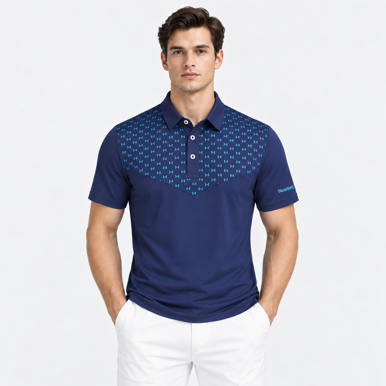 Men's navy patterned golf polo front view