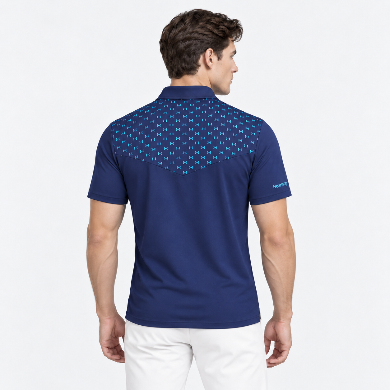 Men's navy short sleeve golf shirt back view