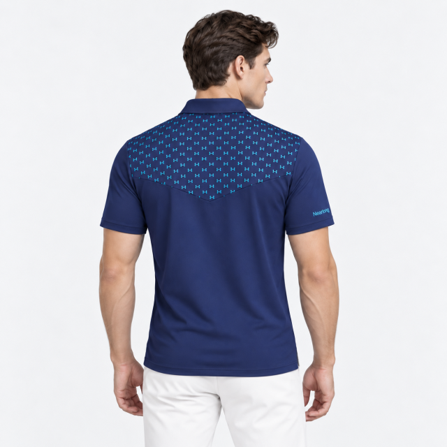 Men's navy short sleeve golf shirt back view