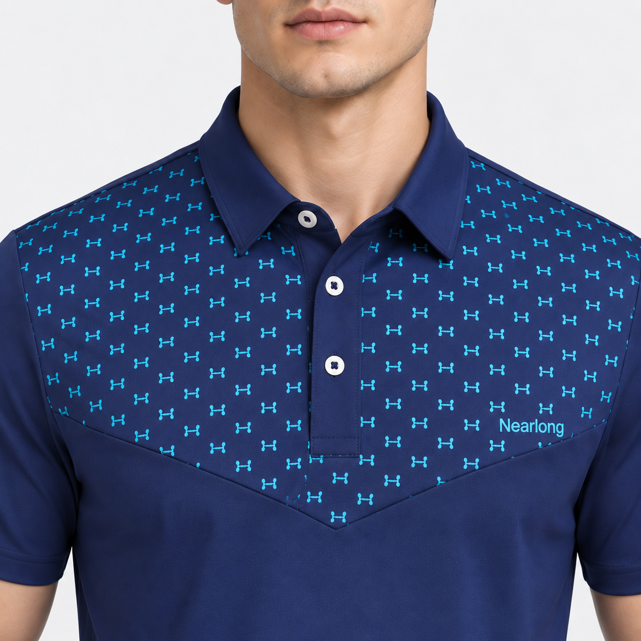 Men's navy micro print golf polo collar detail