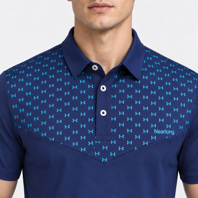 Men's navy micro print golf polo collar detail