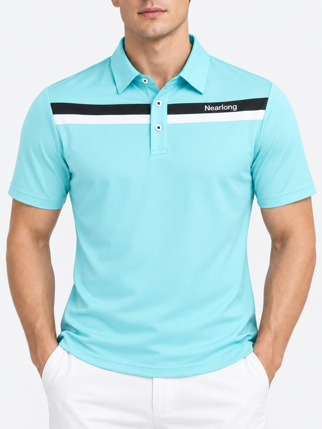 Light blue golf polo shirt front upper body view