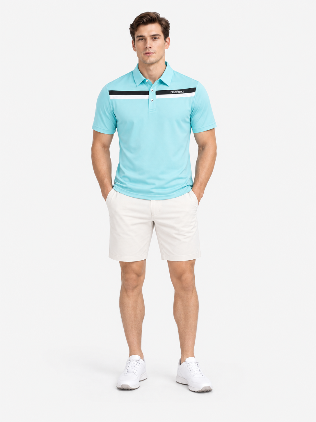 Men's contrast stripe golf polo front view