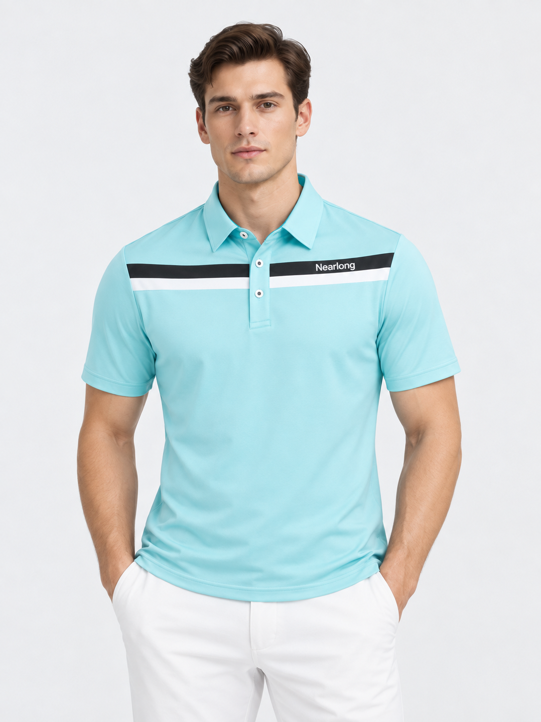 Men's light blue golf polo full body view