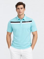 Men's light blue golf polo full body view