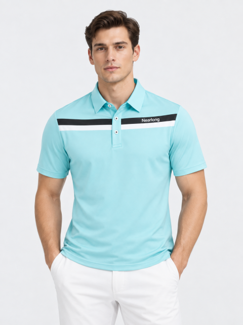 Men's light blue golf polo full body view