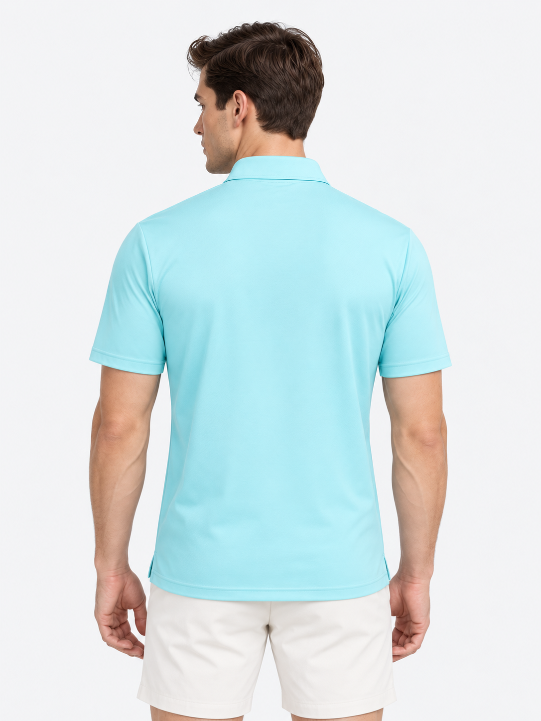 Men's light blue short sleeve golf polo back view