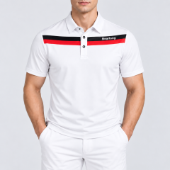 Men's short sleeve golf polo with black red chest stripe