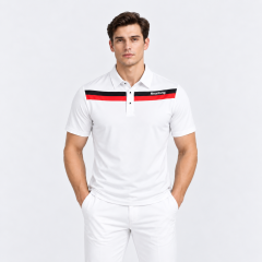 Men's white contrast stripe golf polo front view