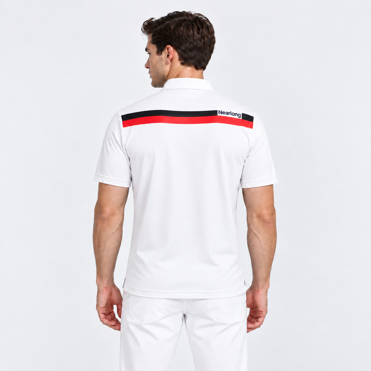 Men's contrast stripe golf shirt back view