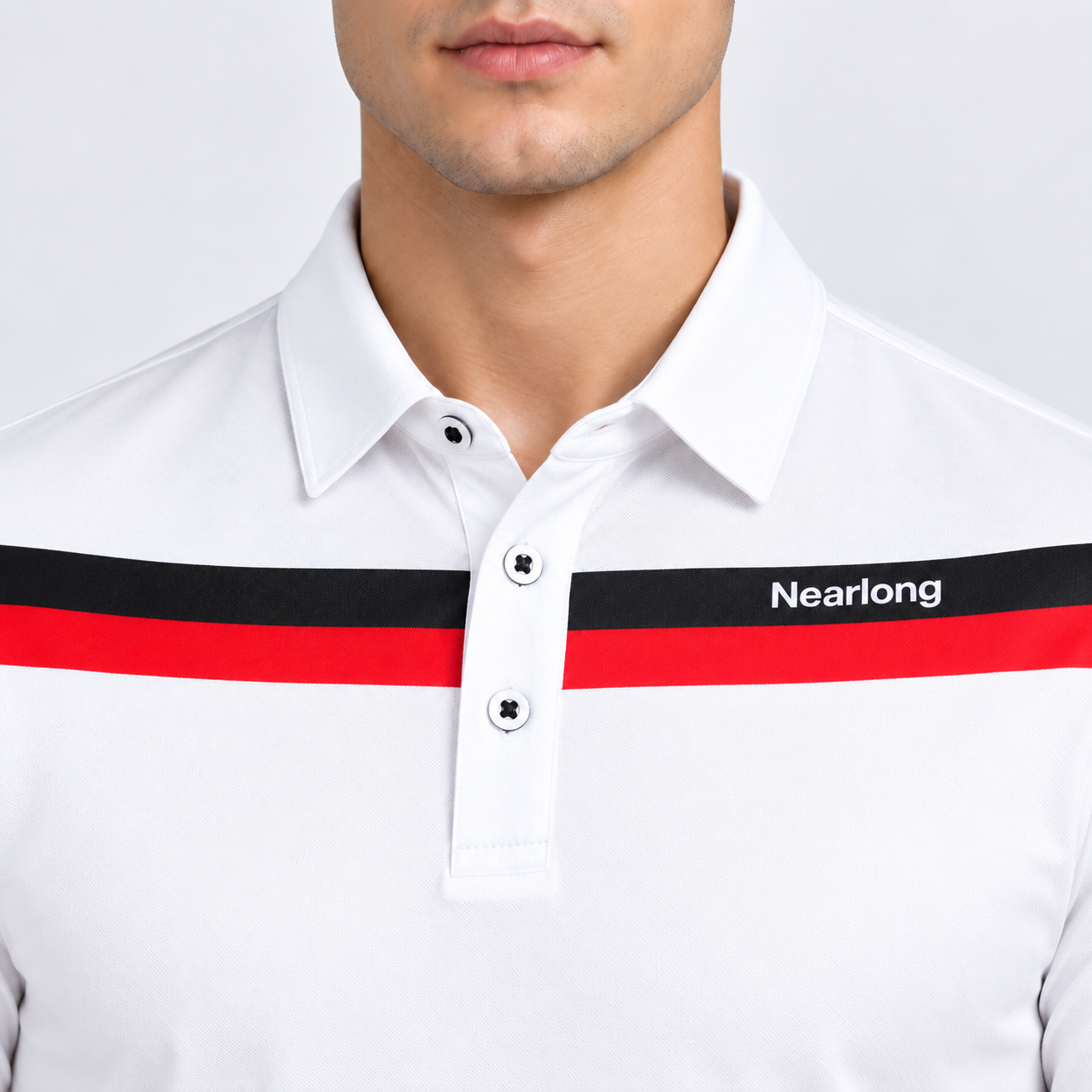 Men's contrast stripe golf polo collar and chest detail