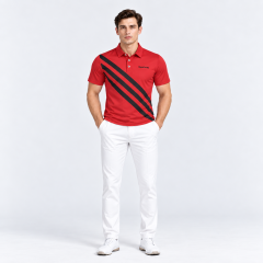 Men's red golf polo with black diagonal stripes full body view