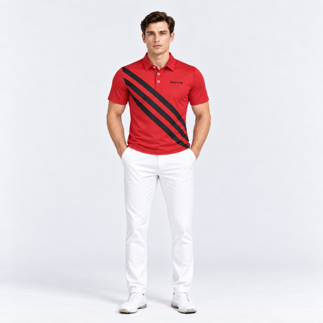 Men's red golf polo with black diagonal stripes full body view