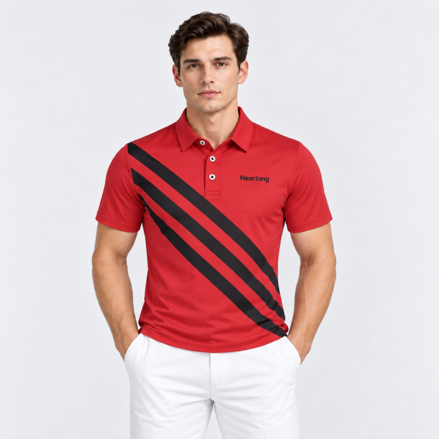 Men's red diagonal stripe golf polo front view