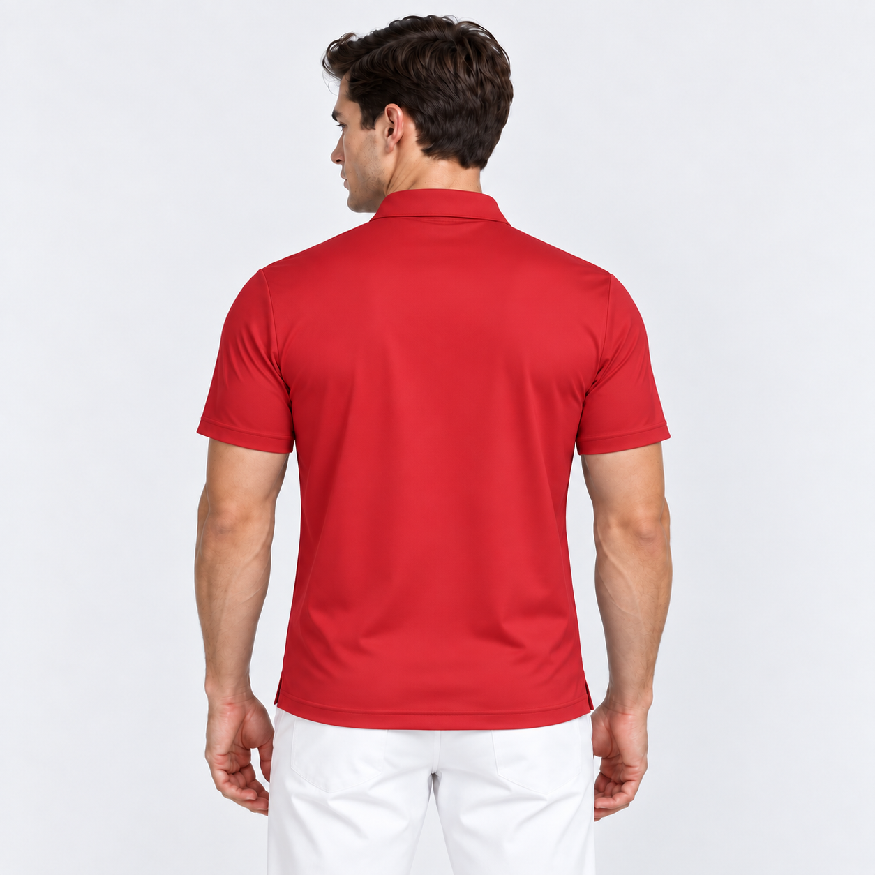 Men's red golf polo shirt back view