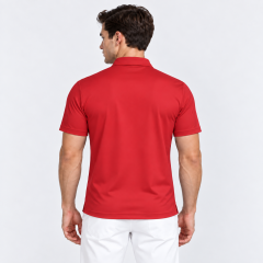 Men's red golf polo shirt back view