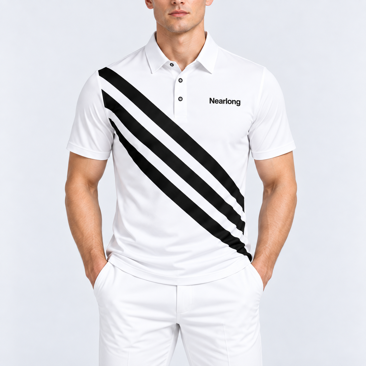 White golf polo for men with bold black diagonal stripes
