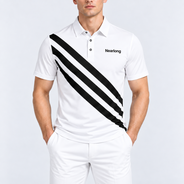 White golf polo for men with bold black diagonal stripes