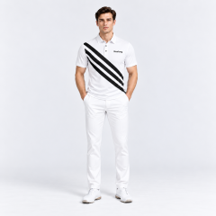 Men's white golf polo shirt with black stripes full body view