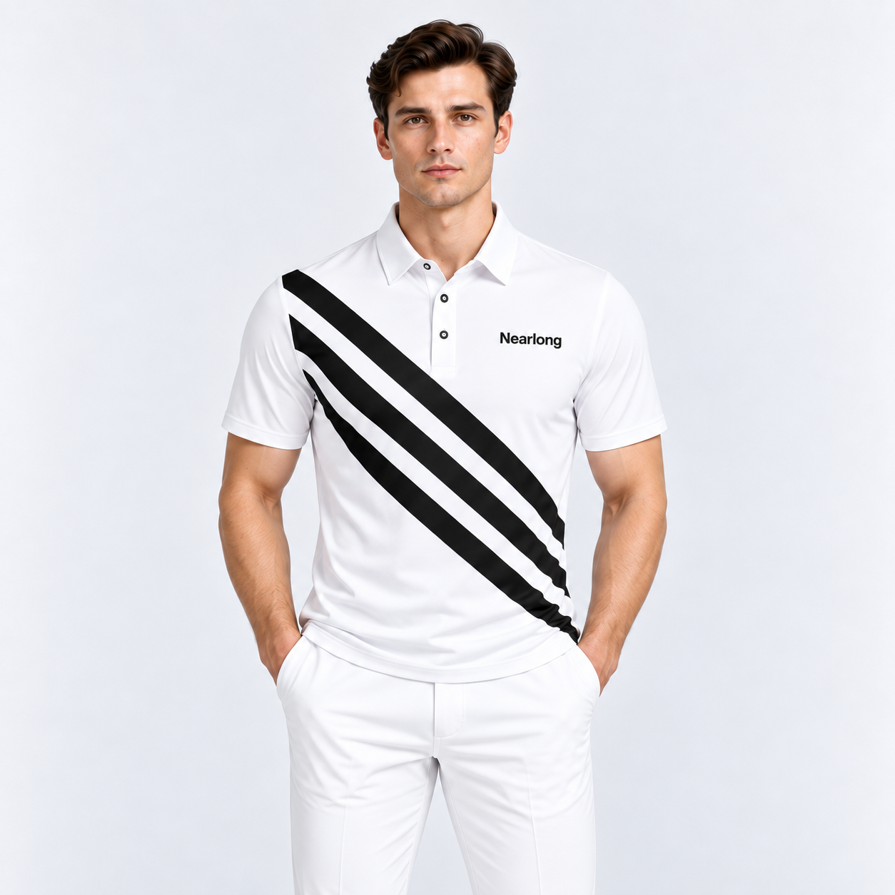 Men's white stripe golf polo shirt front view